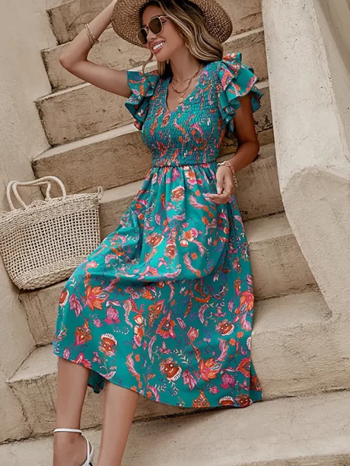Summer Floral Print Midi Dress Women Fashion Slim Ruffle Sleeve Beach Dress Casual Elegant Green A.jpg 2