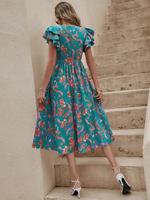 Summer Floral Print Midi Dress Women Fashion Slim Ruffle Sleeve Beach Dress Casual Elegant Green A.jpg 3
