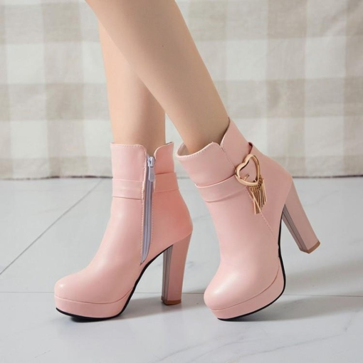 V9GaWomen s Ankle Boots Large Size Fashion Buckle High Heels Pink Autumn Winter White Ankle Boots