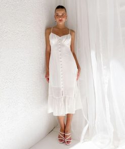 White Cotton Linen Spaghetti Strap Dress Women V Neck Summer Vacation A Line Dress Ruched Casual Button Dresses 2023