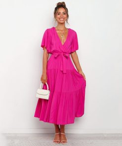 WtosWomen Chiffon Dress 2022 Summer Lace Up Butterfly Sleeve Casual Ruffle V Neck Fashion Party Vestidos