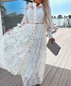 Xb7LElegant Stand Collar Button Shirt Dress Sexy Lace Embroidery Stitch Long Dress Lady Casual Long Sleeve