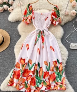 YuooMuoo Limited Big Sales Women Dress Vintage Print Flowers Sash Bandage Long Summer Dress Elegant Y2K.jpg (3)