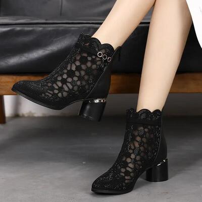 a6dv2022 Rhinestone Women Leather Mesh Boots Summer Shoes Pointed Toe Ankle Botas Thick Heel Hollow Out