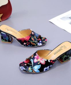 b9laBrand Elegant Print Chunky Heels Summer Women s Shoes Woman Sandals Leisure Slippers Comfortable Open Toe
