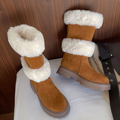 e4YePlush Women Snow Boots Winter Warm Mid Calf Ladies Fur Boots 2023 New Fashion Shoes With