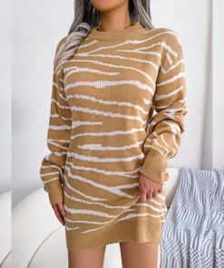 e6jXWomen s Knit Sweater Dresses for Fall and Winter Casual Tiger Print Full Sleeve Loose elastic