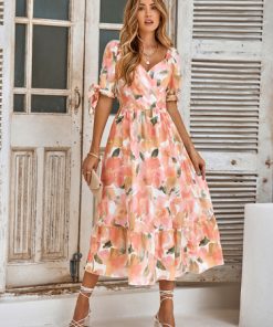 esYEDress for Women 2023 Summer New Women s Casual Print Waist with Bubble Sleeve Sexy V