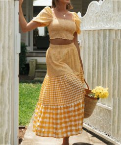 glmOForidol Puff Sleeve Vintage Gingham Long Dress for Women Summer Beach Casual Crop Top Skirt Two