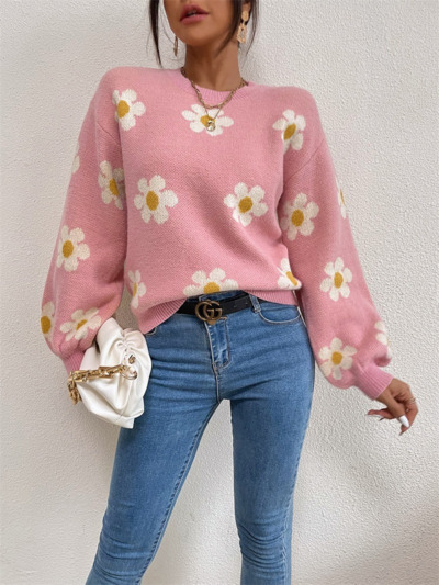 hw6rYEMOGGY Elegant Floral Knit Sweater Pullover for Women Fall Winter 2022 New Tops Casual Loose Long