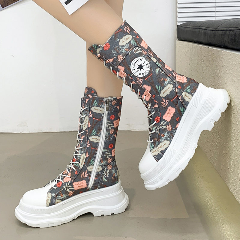 iEs7Rimocy 2022 Design Print Canvas Boots Women Autumn Chunky Platform Mid Calf Boots Woman Fashion Lace