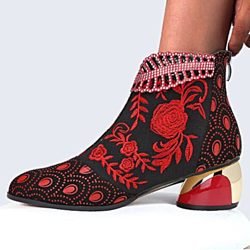 iP6f2022 Autumn Comfortable Thick Heel Short Boots Fashion Spring Women Embroidered Flower Rhinestone Zipper Low Ankle