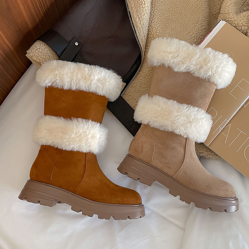 l5Zs2023 Winter New Imitation Suede Thickened Plush Warm Snow Boots Round Toe Platform Stitching Women s