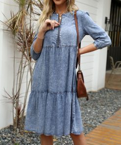 m0ugBlack Dress Women Spring Summer Imitation Denim Vintage Dress Solid Female Fashion Casual Blue Dress Knee