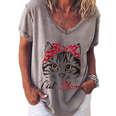 orBPFashion Woman Blouses 2022 T shirt Women s 3d Cats Print Black Kawaii V neck T