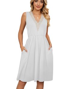 orDGWomen Summer Short White Dress Elegant Sleeveless Pullover V Neck Office Lady Solid Slim Mini Casual