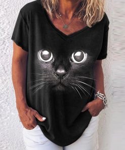 pll6Fashion Woman Blouses 2022 T shirt Women s 3d Cats Print Black Kawaii V neck T