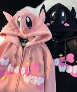 pxykHarajuku Devil Embroidery Hoodies Women Japanese Sweet Streetwear Cartoon Loose Sweatshirt Couple Zip Up Hoodie Goth