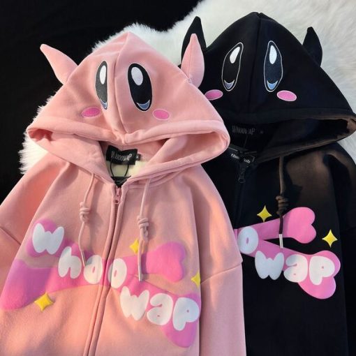pxykHarajuku Devil Embroidery Hoodies Women Japanese Sweet Streetwear Cartoon Loose Sweatshirt Couple Zip Up Hoodie Goth