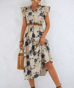 qniRSummer Elegant Fashion Floral Print Dress Women Dress 2023 New High Waist V Neck Irregular Ruffle
