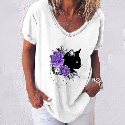 rufyFashion Woman Blouses 2022 T shirt Women s 3d Cats Print Black Kawaii V neck T