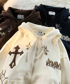 svjBGothic Embroidery Hoodies Women Retro Harajuku Hip Hop Jacket High Street Zip Up Hoodie Casual Loose
