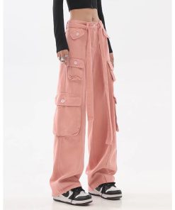 tvMoY2K Pockets Cargo Pants for Women Straight Oversize Pants Harajuku Vintage 90S Aesthetic Low Waist Trousers