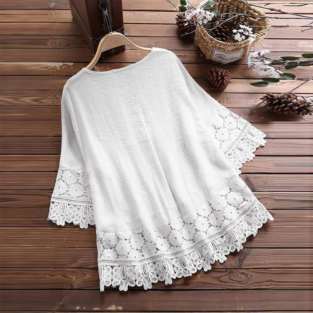 udsn3 4XL Loose Lace Trim Blouses Women Floral Embroidery Bow Shirts Casual V Neck Three Quarter