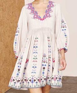 wUl9Jastie Retro Embroidery Mini Dress Women Cotton Elastic Waist V Neck Lantern Sleeve Vestidos Boho Beach