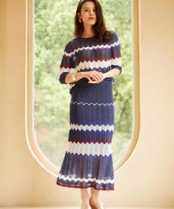 Striped Ribbed Knitted Maxi Skirt 2 Piece Set Vacation Black Blue Knit Women Dress Sets Summer Short Two Pieces Set For Women