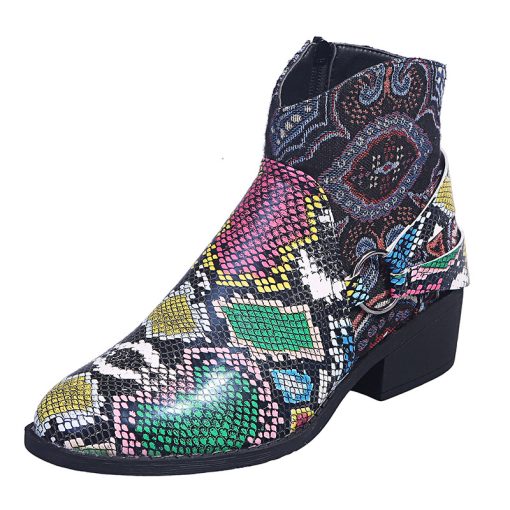 0LuxWinter Boots For Women ankle boots popular Retro Green snake pattern mixed colors flat wedge shoes