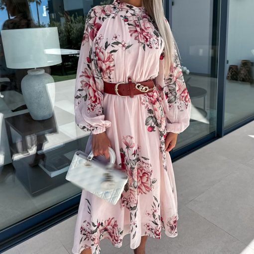 0PmeFashion Bohemian Floral Print Holiday Dress Casual Women O Neck Long Sleeve Pleated Commuter Dresses Summer