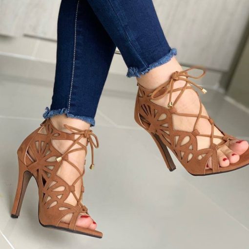 0Zje2021 Fashion Women High Heels Sandals Pumps Sexy Hollow Lace Up Cross Tied Females Summer Sandals