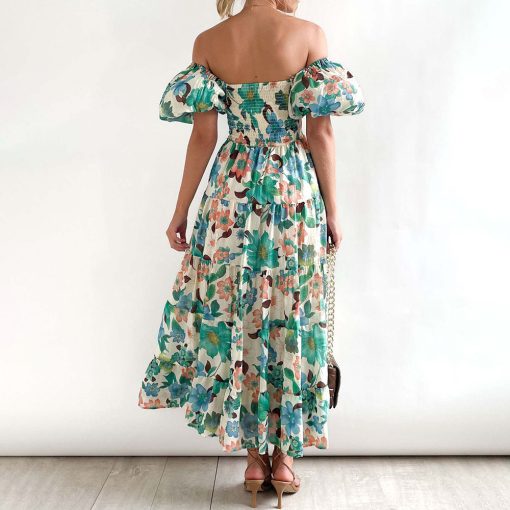 1YIYSummer Women Elegant floral prints Dresses 2023 New Sexy backless Slash Neck elastic high waist Lantern