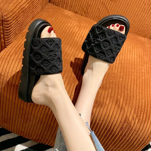 4vRDWomen Magic Tape Flat Slippers 2023 Summer New Luxury Brand Platform Sandals Ladies Height Increase Flats
