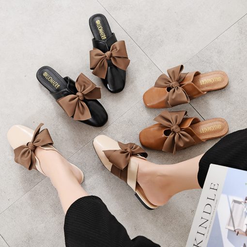 5AMSsummer mules shoes woman square toe silk bow slippers flat heel leather sandals women flip flops