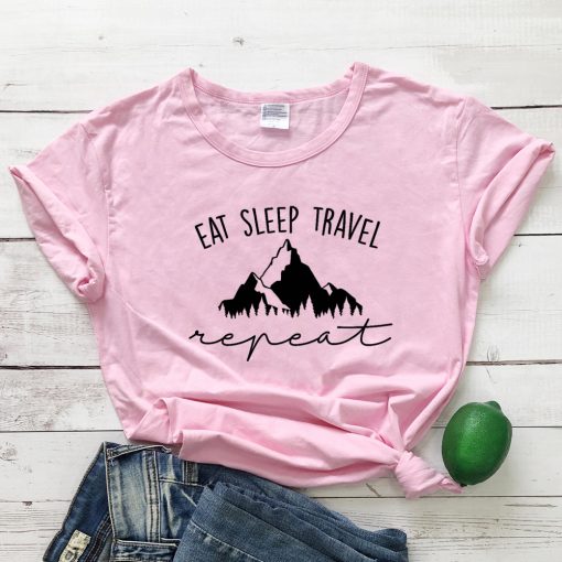 6FOwEat Sleep Travel Repeat Mountains T shirt Unisex Adventure Hiking Tshirt Outfit Casual Women Camping Outdoor