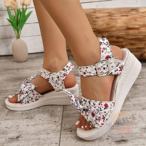 6fHkWomen Fashion Floral Print Bowknot Sandals Buckle Strap Platform Wedge Sandals Woman Summer 2023 Thick Sole