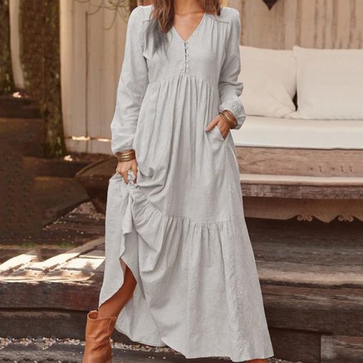 6r52Autumn Women Dress Fashion Vintage Buttons Party Dress Casual Solid Long Sleeve V neck A Line