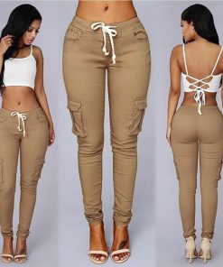 7MQkOgilvy Mather 2020 Spring Lace Up Waist Casual Women Pants Solid Pencil Pants Multi Pockets Straight