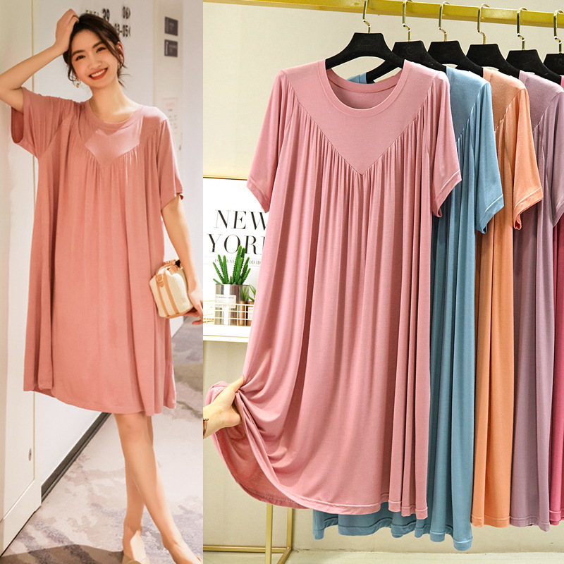 7NXqSummer Nightgowns Women Large Size Loose Long Casual Homewear Sleepwear Dresses Female Short Sleeve Modal Nightdress