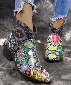 8WLNWinter Boots For Women ankle boots popular Retro Green snake pattern mixed colors flat wedge shoes