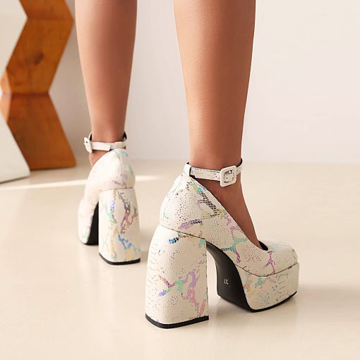 95gVJacquard Pattern Color Square Toe Super High Thick Heel Fashion Pumps High Platform Printing Ankle Buckle