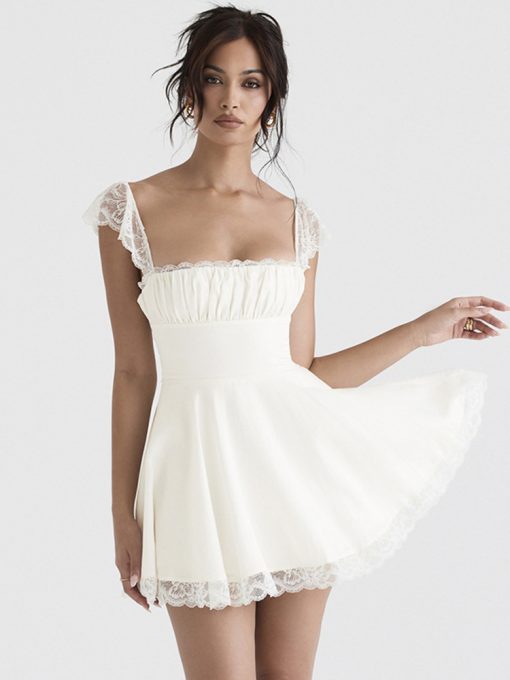 98dUMozision Elegant White Lace Strap Mini Dress For Women Fashion Sleeveless Backless Loose Sexy Short Dresses