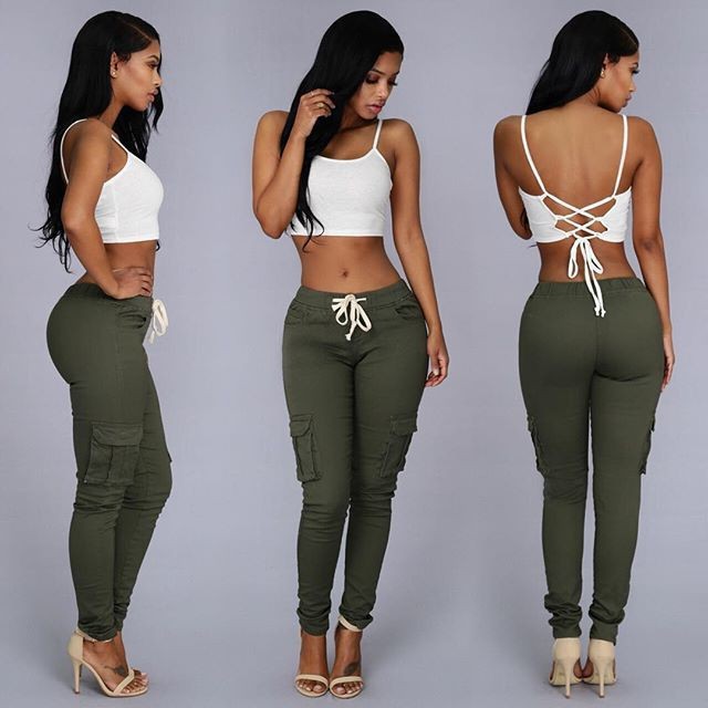 9ZxCOgilvy Mather 2020 Spring Lace Up Waist Casual Women Pants Solid Pencil Pants Multi Pockets Straight