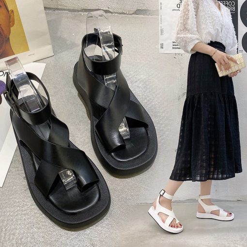 BGhK2022 Summer New Black White Solid Color Clip Toe Sandals Ladies Roman Women Shoes Muffin Sandals