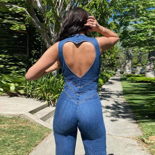 Blue Backless Heart Cutout Bodycon Jumpsuit For Women Summer Sleeveless Slim One Piece Outfits Retro Denim Jumpsuits 2023