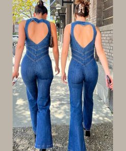 Blue Backless Heart Cutout Bodycon Jumpsuit For Women Summer Sleeveless Slim One Piece Outfits Retro Denim Jumpsuits 2023