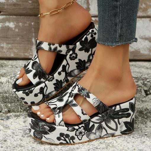 C0RORimocy Cut Out Print Wedge Sandals Women Gothic Chunky Platform Slippers Woman 2023 Summer Thick Bottom