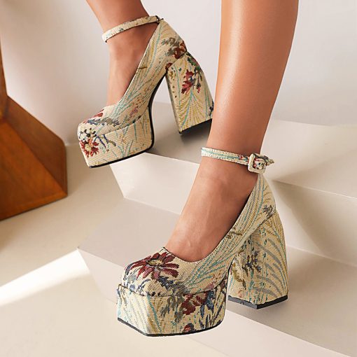 CE2eJacquard Pattern Color Square Toe Super High Thick Heel Fashion Pumps High Platform Printing Ankle Buckle